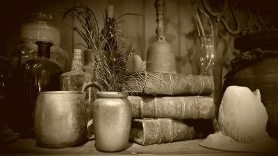 Sepia Still Life with Bottles and Books