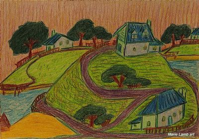 Blue Houses on Islands Landscape