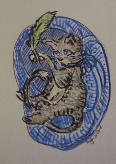 Little cat with a feather