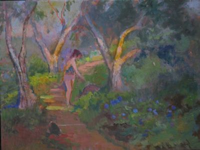 walking through the oaks at sunset