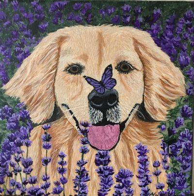 Yellow Lab in the flowers