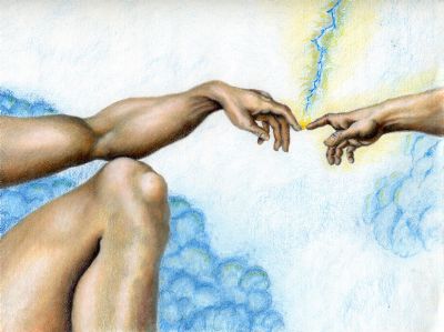 Creation,  11x14 colored pencil, Adam being given life.