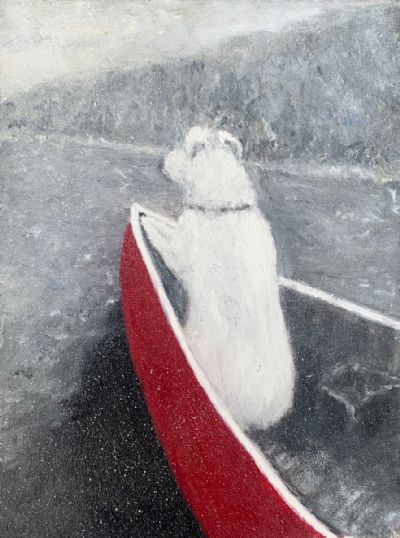 White Dog in a Red Canoe