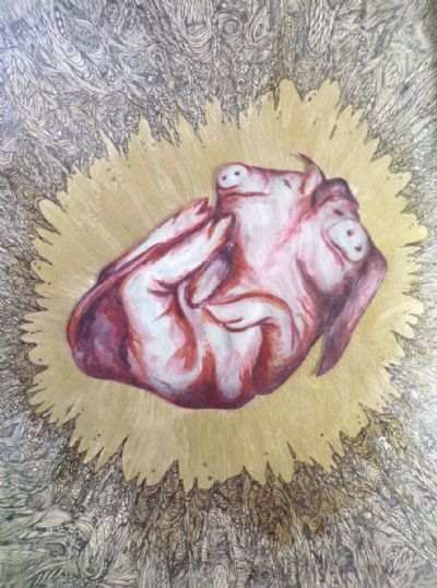 2Headed Fetal Pig without glass overlay/goat skin frame