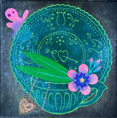 Mismatched Uranium Glass Teacup & Saucer, Nerium Oleander, Gold Locket, and Spirit